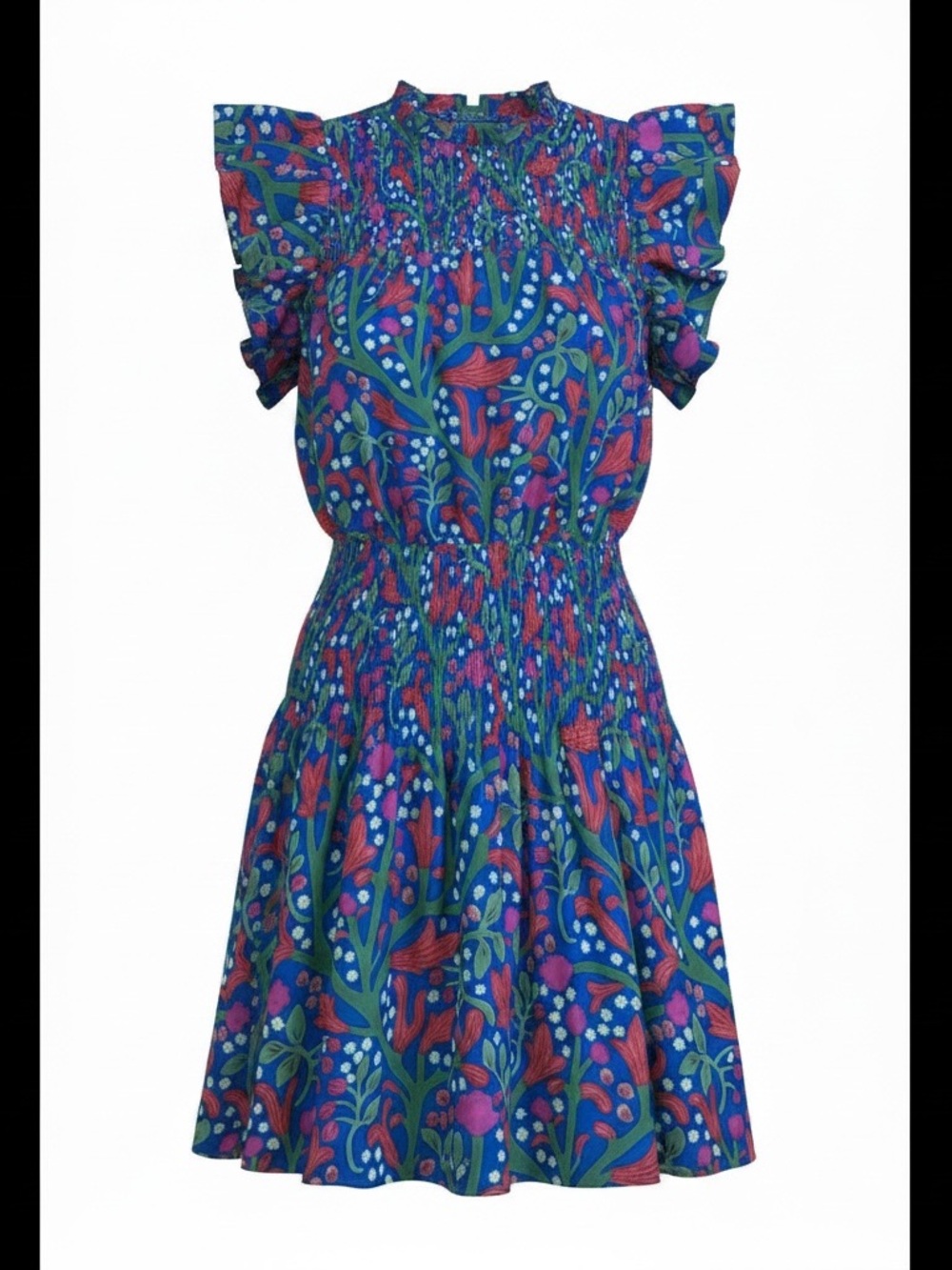 Entro Blue Floral Smocked Mini Dress Ruffle Sleeve Size Small